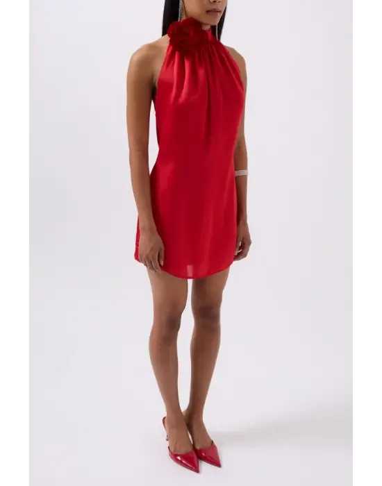 Gül Detay Mini Saten Elbise