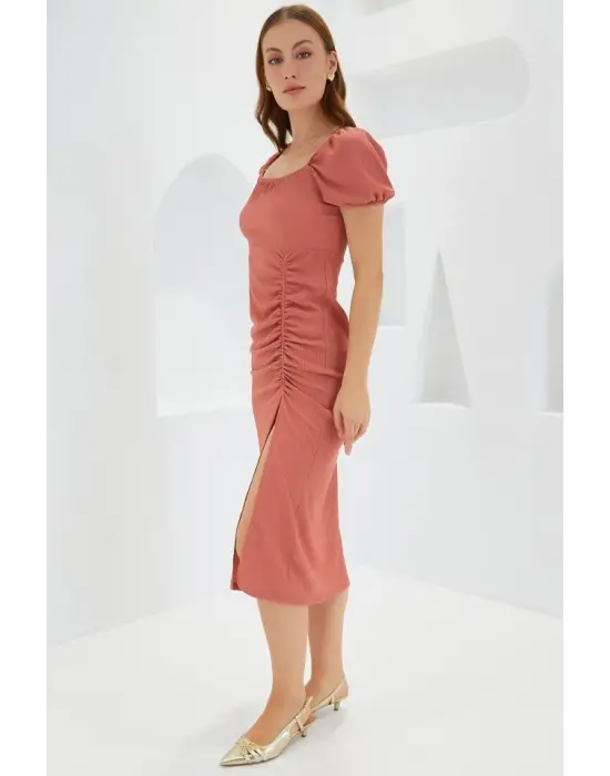 Gül Kurusu Yırtmaçlı Yazlık Örme Elbise 2396