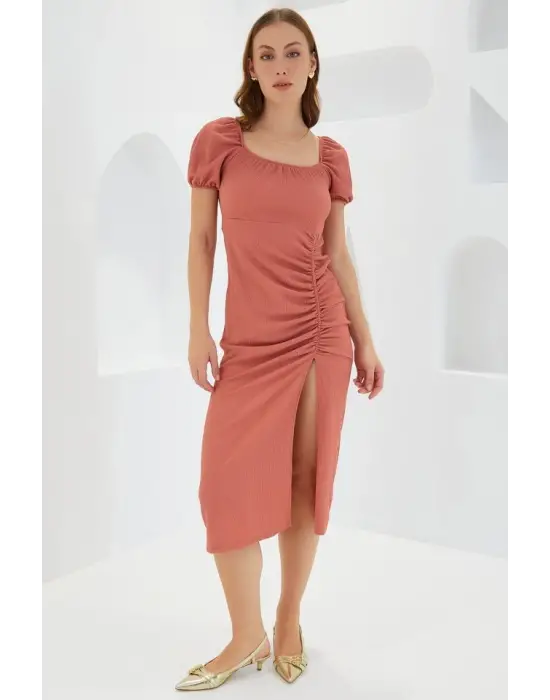 Gül Kurusu Yırtmaçlı Yazlık Örme Elbise 2396