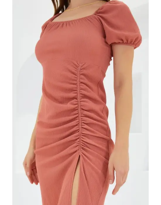 Gül Kurusu Yırtmaçlı Yazlık Örme Elbise 2396