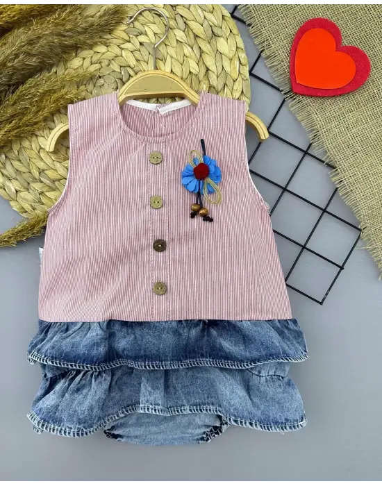 Omarı Gül Rozet Detaylı Kot Kilotlu Etek Kız Bebek Elbisesi