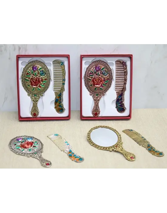 Gül Tasarımı Ayna Ve Tarak Seti Küçük Boy