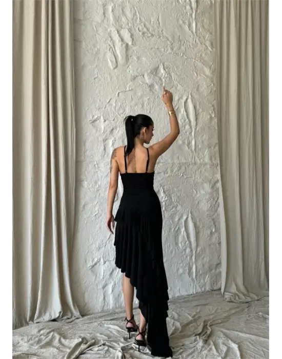 Omarı Asimetrik Katlı Siyah Güllü Elbise