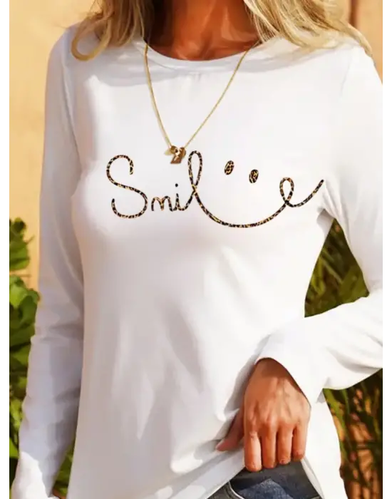 Omarı Gülümseyen Surat Desenli Uzun Kollu Kadın Viskon Bluz