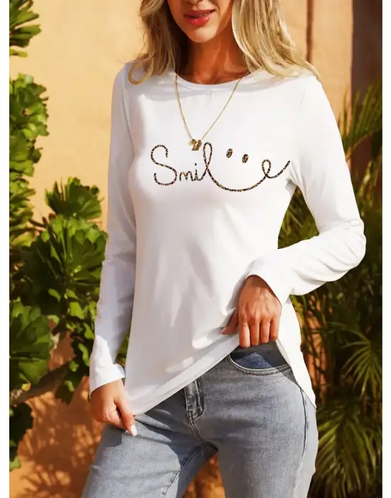 Omarı Gülümseyen Surat Desenli Uzun Kollu Kadın Viskon Bluz