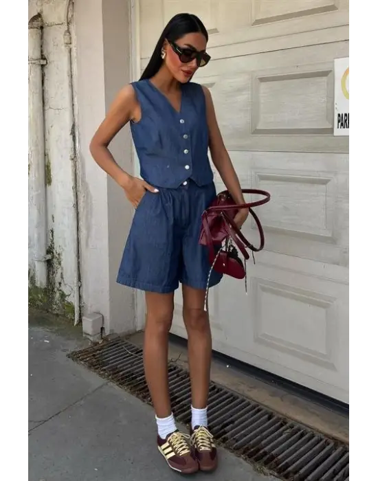 Gümüş Düğmeli Yelek Ve Şort Tensel Takım 10174