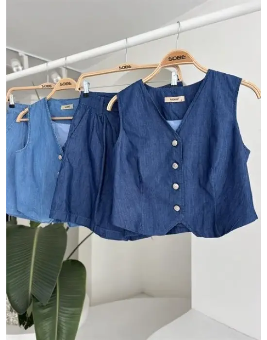 Gümüş Düğmeli Yelek Ve Şort Tensel Takım 10174