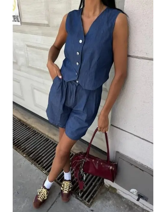 Omarı Tensel Şort ve Yelek Takımı