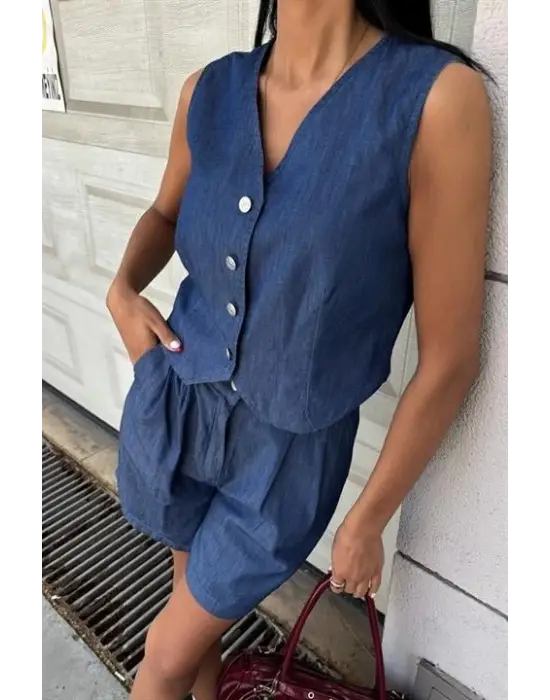 Omarı Tensel Şort ve Yelek Takımı