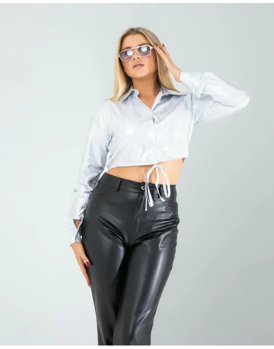 Zarif Yılan Varaklı Beli Bağcıklı Gömlek