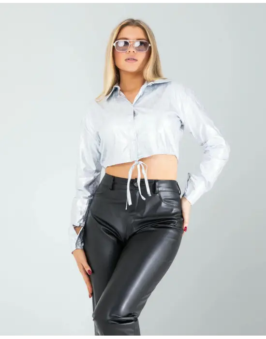 Omarı Parlak Yılan Desenli Beli Bağcıklı Gömlek