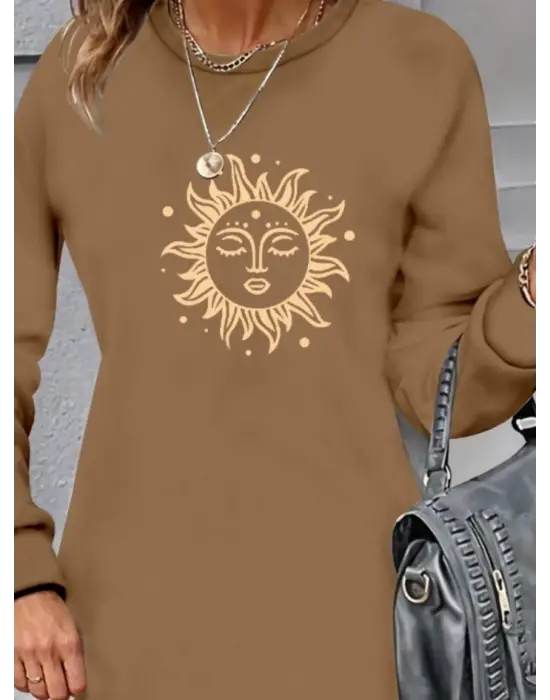 Omarı Güneş Desenli Uzun Kollu Viskon Elbise