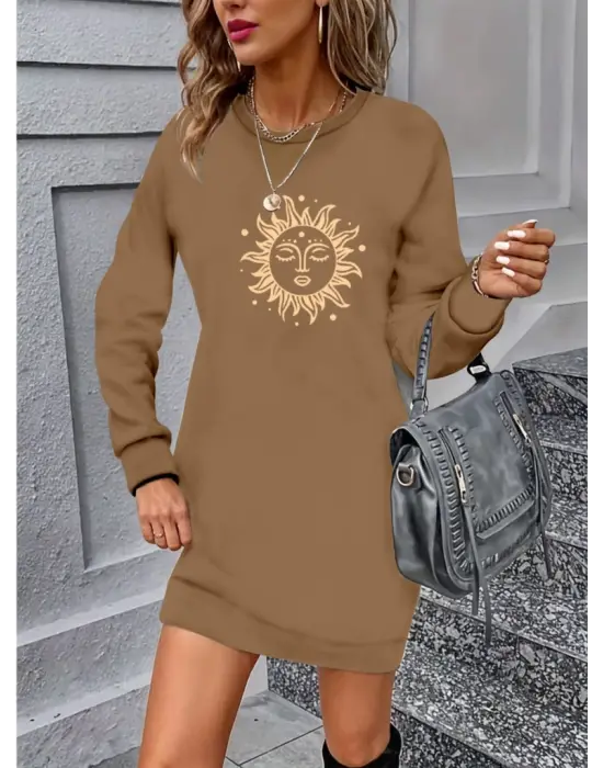 Omarı Güneş Desenli Uzun Kollu Viskon Elbise