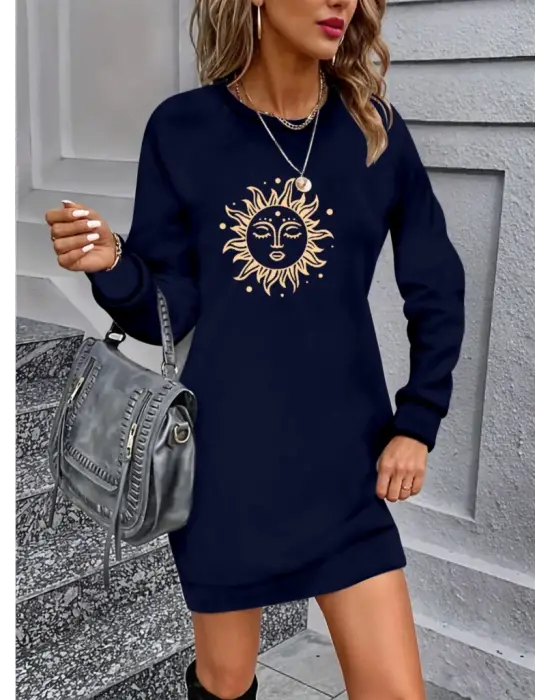 Omarı Güneş Desenli Uzun Kollu Kadın Elbisesi