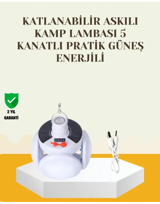 Güneş Paneliyle Şarj Olan Katlanabilir Led Çadır Lambası – 5 Kademeli Aydınlatma