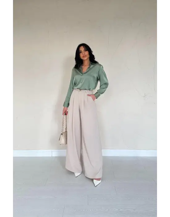 Omarı Saten Mint Yeşili Kadın Gömleği