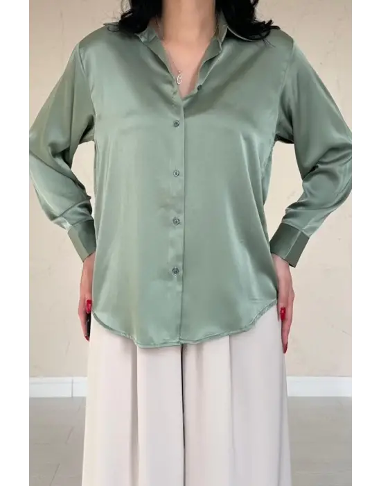 Omarı Saten Mint Yeşili Kadın Gömleği