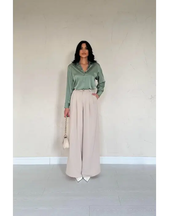 Omarı Saten Mint Yeşili Kadın Gömleği