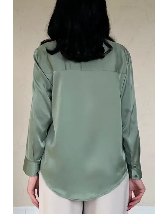 Omarı Saten Mint Yeşili Kadın Gömleği