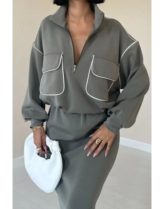 Haki Biyeli Sweatshirt Ve Etek Takım