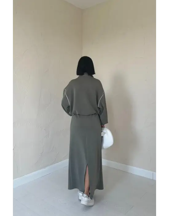 Haki Biyeli Sweatshirt Ve Etek Takım