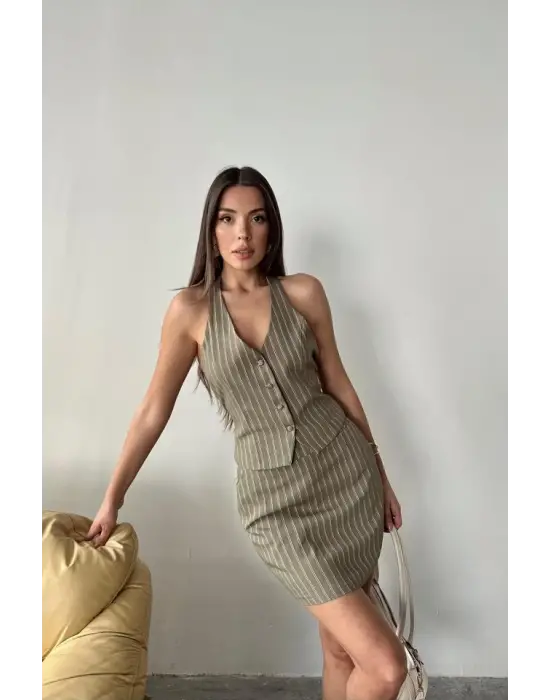 Haki Çizgili Yelek Ve Etek Takım