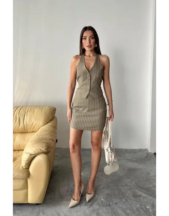 Haki Çizgili Yelek Ve Etek Takım