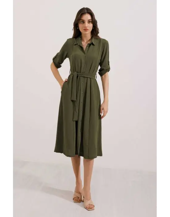 Haki Kuşaklı Gömlek Elbise 2442