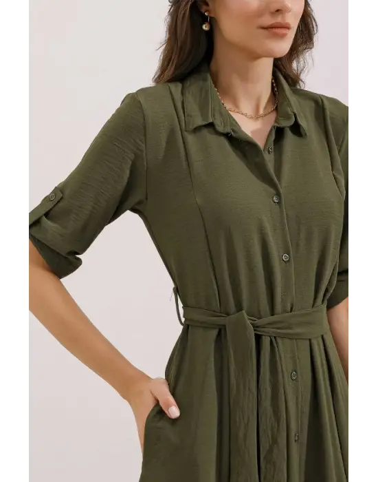 Haki Kuşaklı Gömlek Elbise 2442