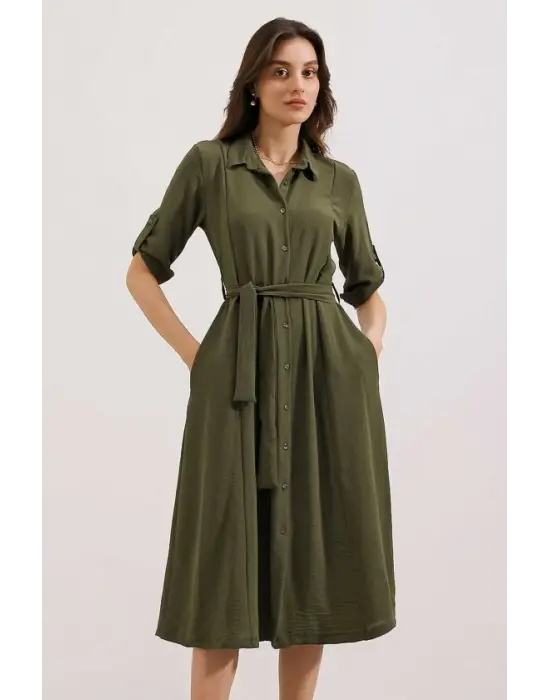 Haki Kuşaklı Gömlek Elbise 2442