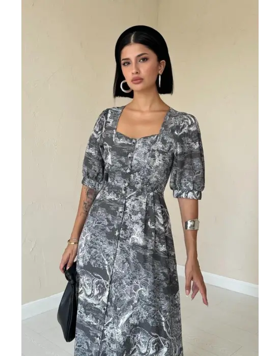 Haki Önü Düğmeli Kalp Yaka Elbise