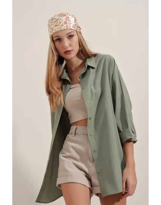 Haki Oversize Uzun Basic Gömlek 3900