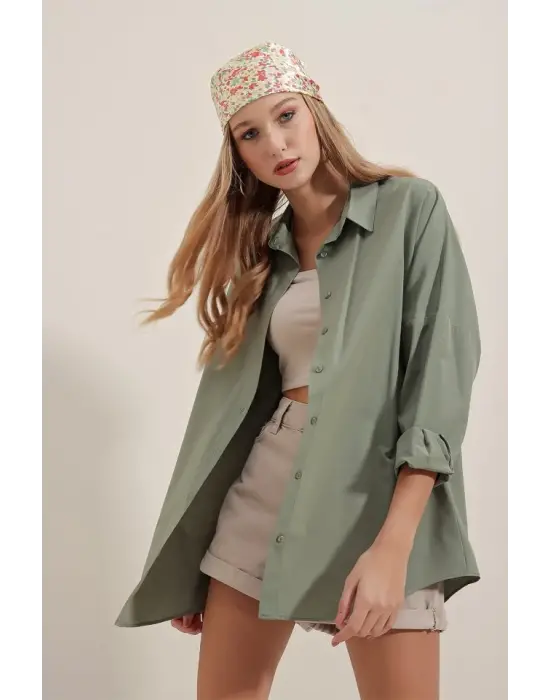 Haki Oversize Uzun Basic Gömlek 3900
