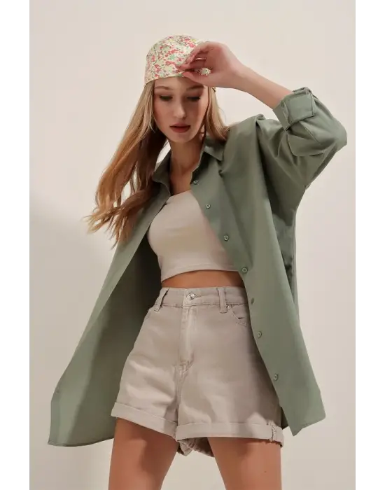 Haki Oversize Uzun Basic Gömlek 3900
