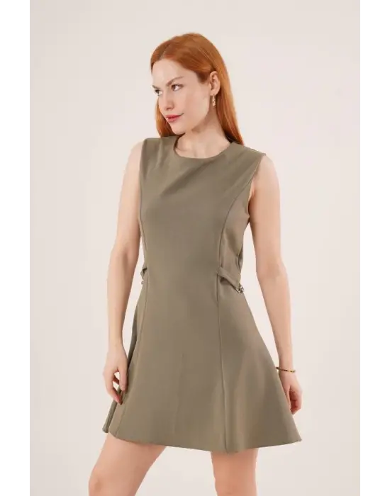 Omarı Zincir Detaylı Haki Mini Elbise