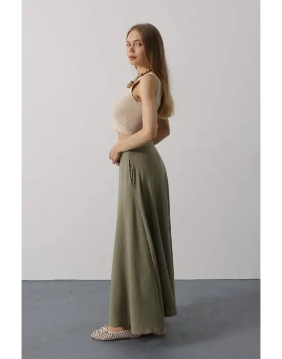 Omarı Doğal Keten Haki Renk Etek