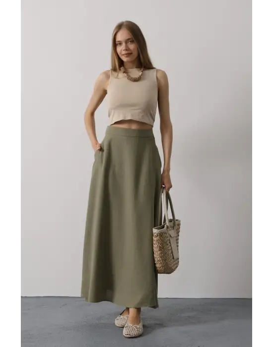 Omarı Doğal Keten Haki Renk Etek