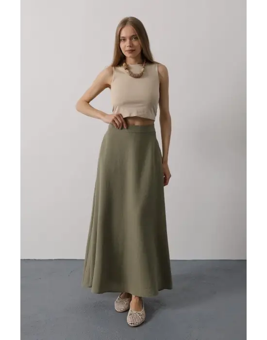 Omarı Doğal Keten Haki Renk Etek