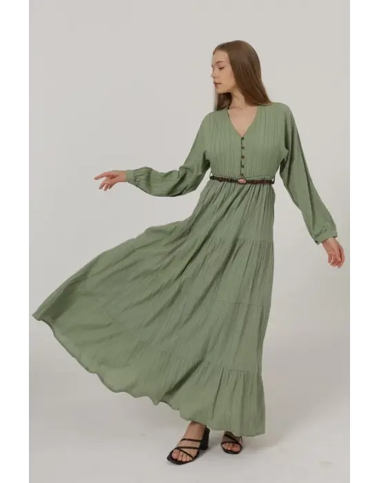 Omarı Yarım Düğmeli Uzun Kol Elbise - Haki