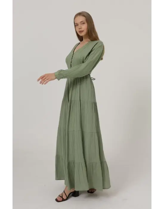 Omarı Yarım Düğmeli Uzun Kol Elbise - Haki