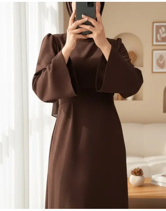 Hakim Yaka Belden Bağlamalı Elbise  -Kahve