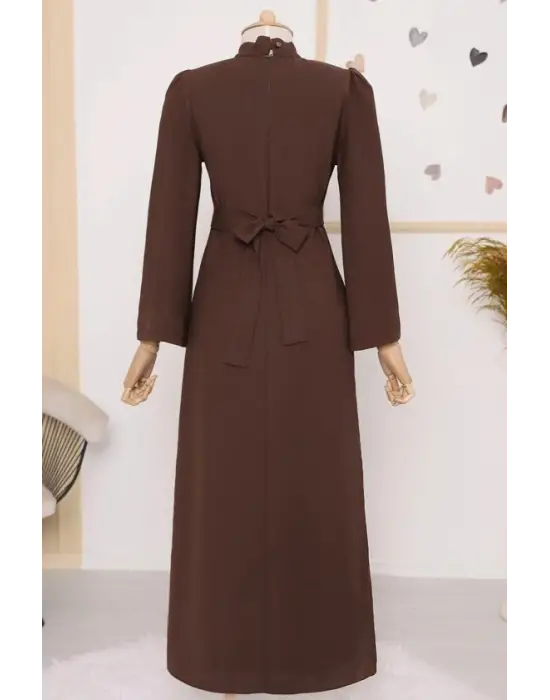 Hakim Yaka Belden Bağlamalı Elbise  -Kahve