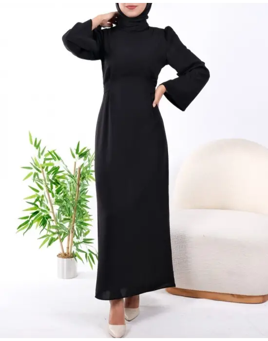 Hakim Yaka Belden Bağlamalı Elbise -Siyah