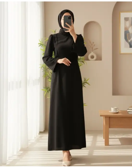 Hakim Yaka Belden Bağlamalı Elbise -Siyah