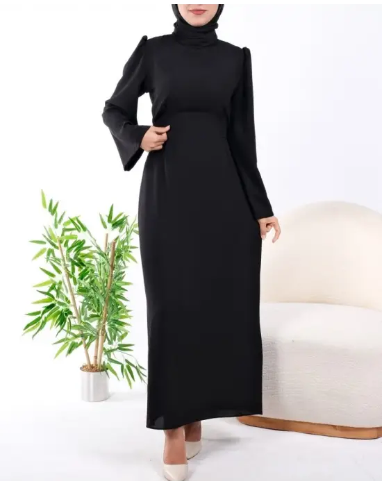 Hakim Yaka Belden Bağlamalı Elbise -Siyah