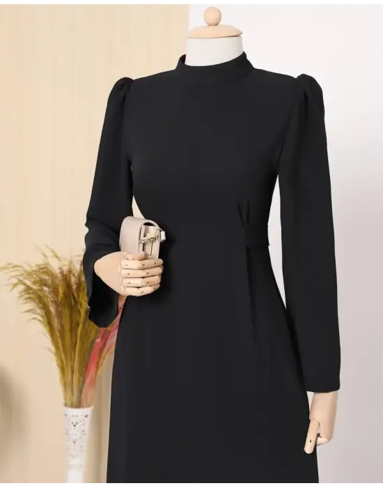 Hakim Yaka Belden Bağlamalı Elbise -Siyah