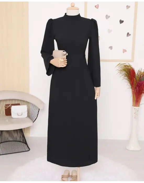 Hakim Yaka Belden Bağlamalı Elbise -Siyah