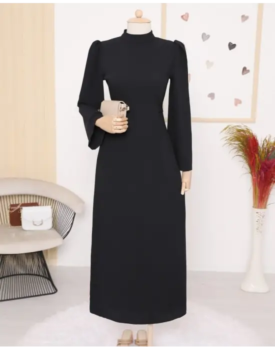 Hakim Yaka Belden Bağlamalı Elbise -Siyah