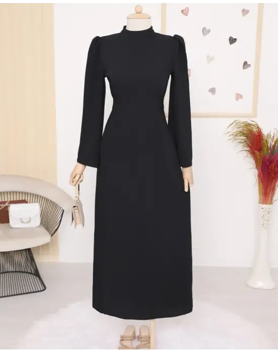 Hakim Yaka Belden Bağlamalı Elbise -Siyah