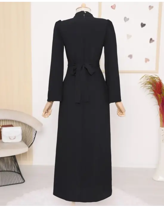 Hakim Yaka Belden Bağlamalı Elbise -Siyah